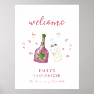 Affiche Pink Poppin Champagne Bouteilles Baby shower Bienv