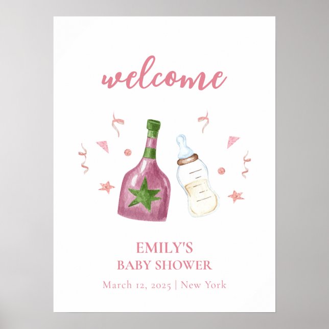 Affiche Pink Poppin Champagne Bouteilles Baby shower Bienv (Devant)