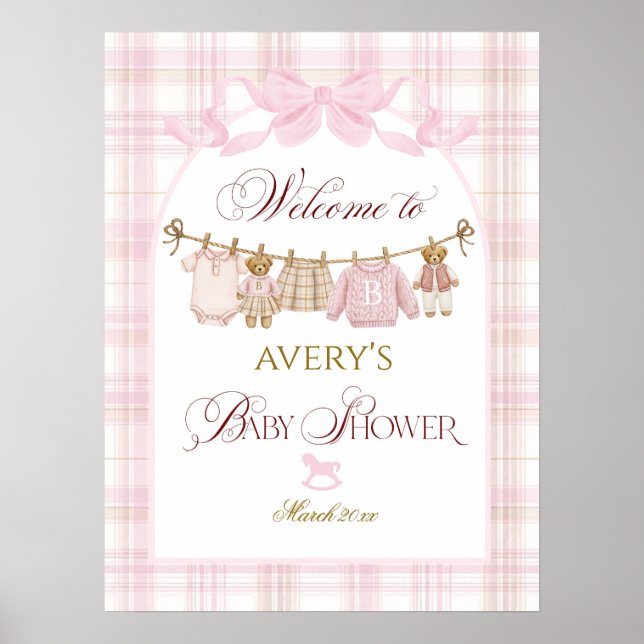 Affiche Pink Preppy Teddy Bear Girl Baby Shower Plaid Bow (Devant)