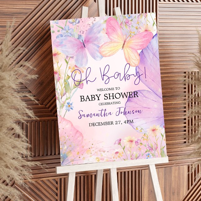 Affiche Pink Purple Floral Oh Baby Butterfly Baby shower (Créateur téléchargé)