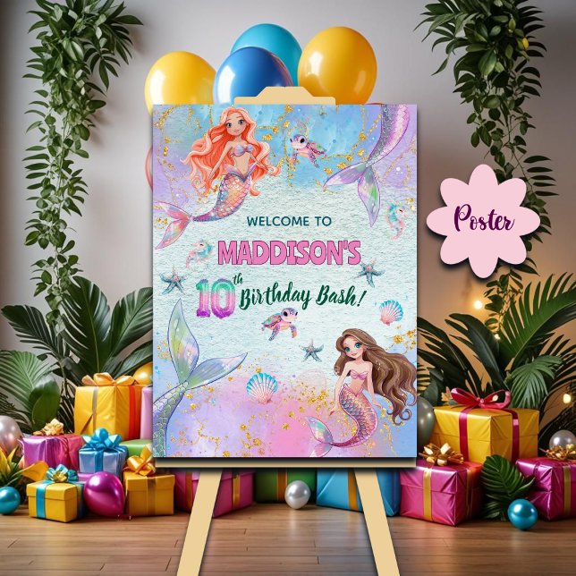 Affiche Pink Purple Glitter Mermaids 10th Birthday Welcome (Créateur téléchargé)