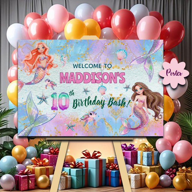 Affiche Pink Purple Glitter Mermaids 10th Birthday Welcome (Créateur téléchargé)
