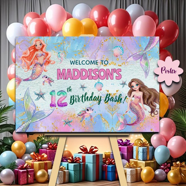 Affiche Pink Purple Glitter Mermaids 12th Birthday Welcome (Créateur téléchargé)