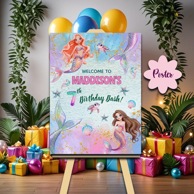Affiche Pink Purple Glitter Mermaids 7th Birthday Welcome (Créateur téléchargé)