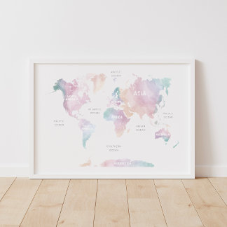 Affiche Pink Rainbow World Map Travel Nursery Decor