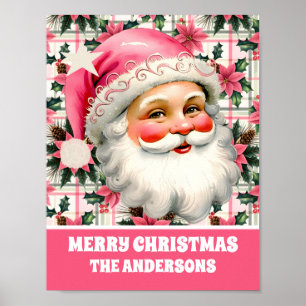 Affiche Pink Retro Santa Claus Noël Floral Plaid