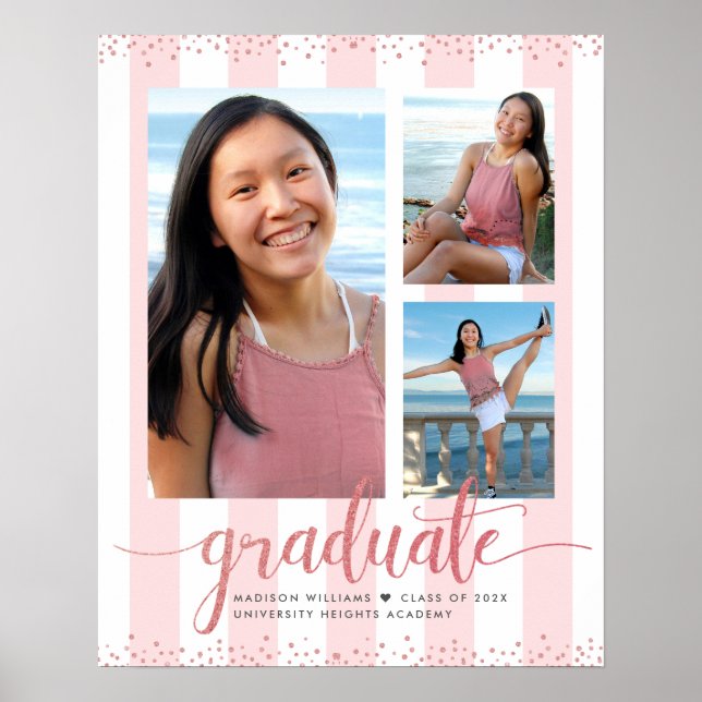 Affiche Pink Rose Gold Graduation 3 Parties scintillant ph (Devant)