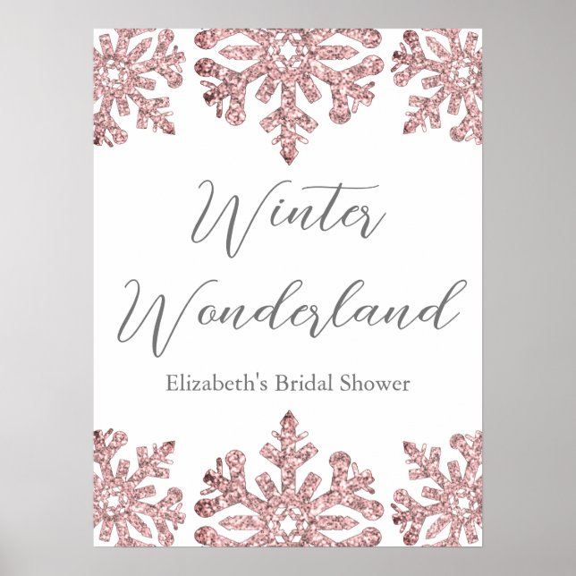 Affiche Pink Rose Gold Snowflake Winter Bridal Shower (Devant)