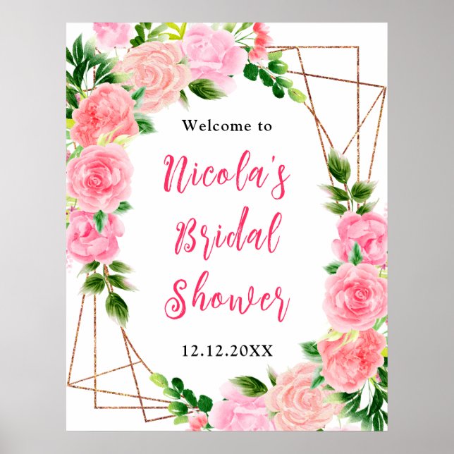 Affiche Pink Roses with Foliage Bridal Shower Welcome (Devant)