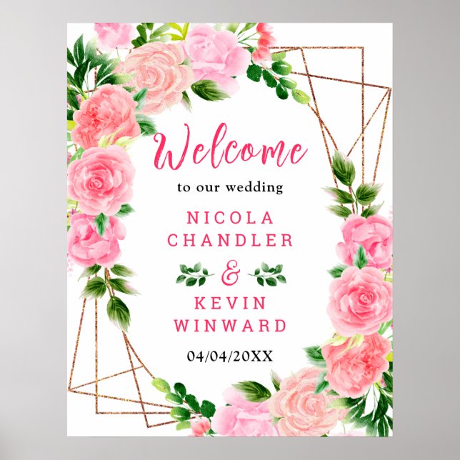 Affiche Pink Roses with Foliage Wedding Welcome Sign (Devant)