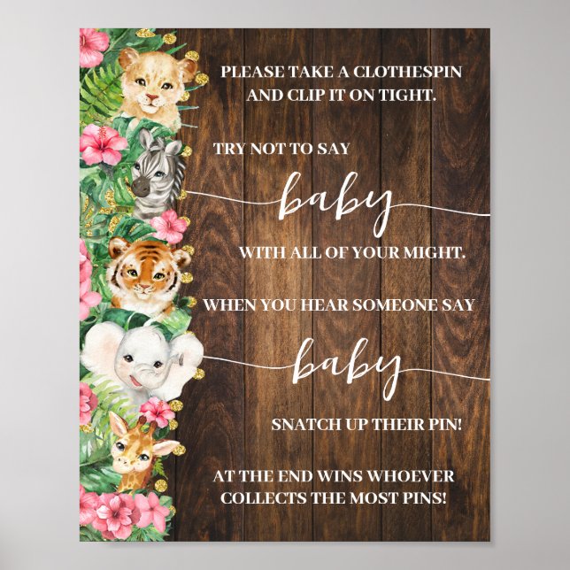 Affiche Pink Safari Don't Say Baby Clothespin Shower Game (Devant)