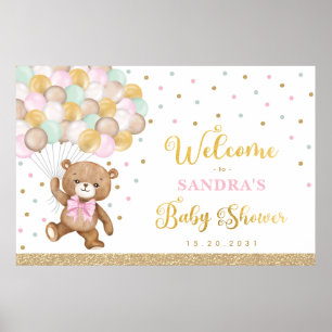 Affiche Pink Sage Green Teddy Bear Balloon Bienvenue bébé