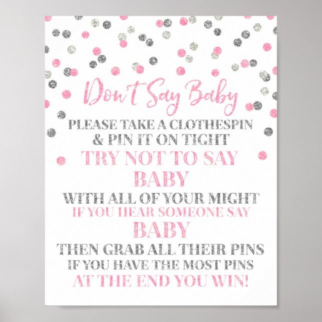 Affiche Pink Silver Confetti Ne pas dire Baby Game Sign (Devant)