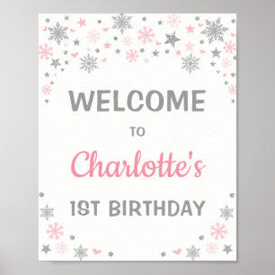 Affiche Pink Silver Snowflake Hiver 1er anniversaire Bienv