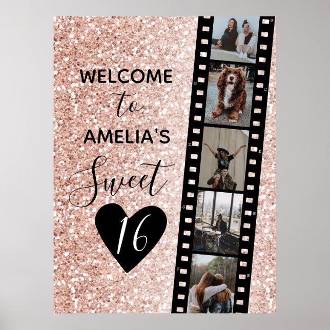 Affiche Pink Sparkle Sweet 16 Birthday Welcome Photo (Devant)