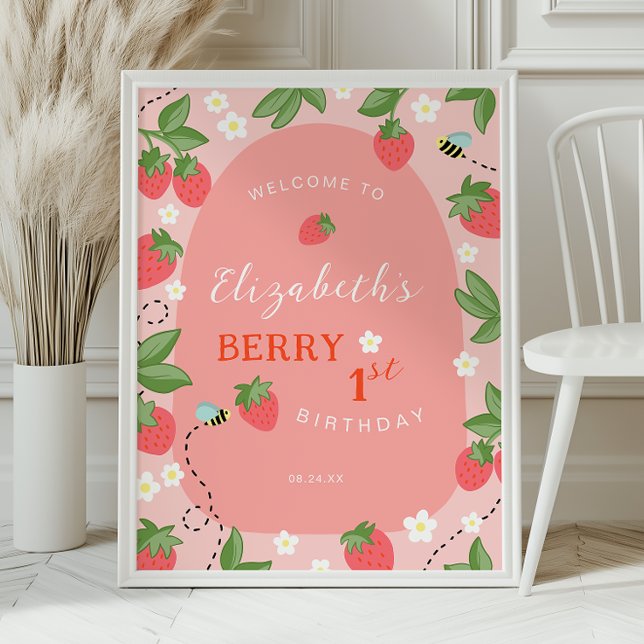 Affiche Pink Strawberry Berry First Birthday Welcome (Créateur téléchargé)