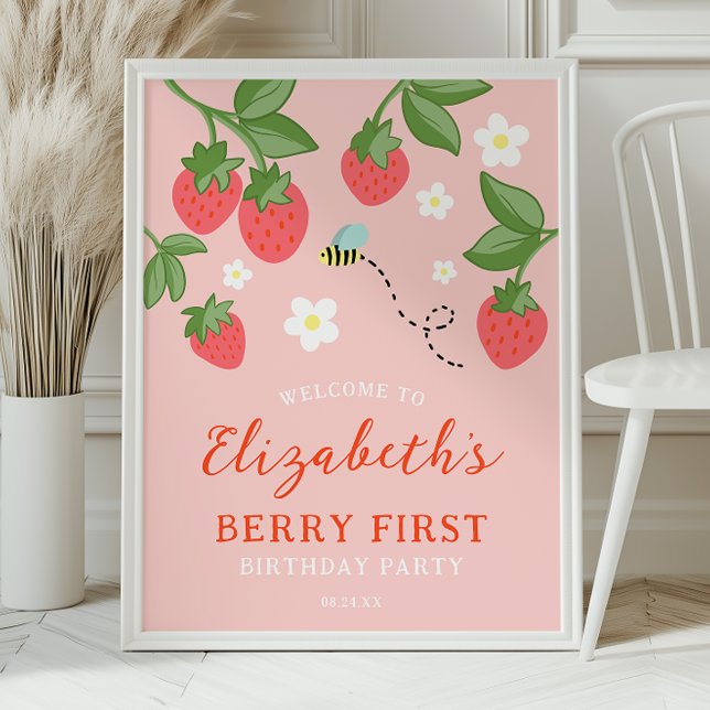 Affiche Pink Strawberry Berry First Birthday Welcome (Créateur téléchargé)