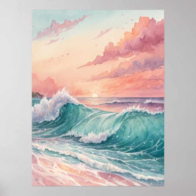 Affiche Pink Sunset Ocean Waves (Devant)