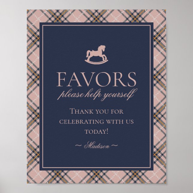 Affiche Pink Tartan Plaid Rocking Horse Favors Sign (Devant)