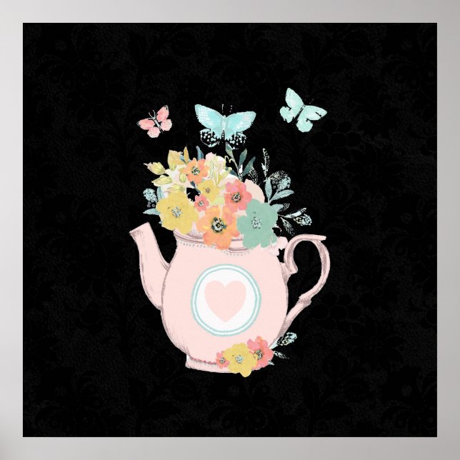 Affiche Pink Teapot with Flowers & Butterflies (Devant)