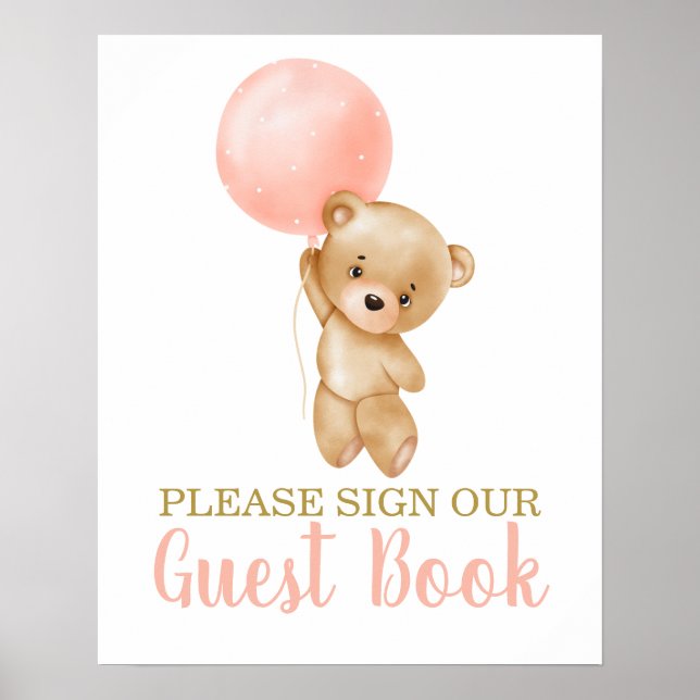 Affiche Pink Teddy Bear Baby shower Girl Signaler livre d' (Devant)