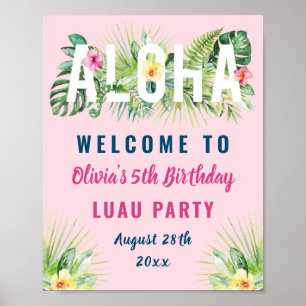 Affiche Pink Tropical Floral Aloha Luau Anniversaire Bienv