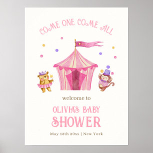Affiche Pink unique Circus Ours Singe Baby shower Bienvenu