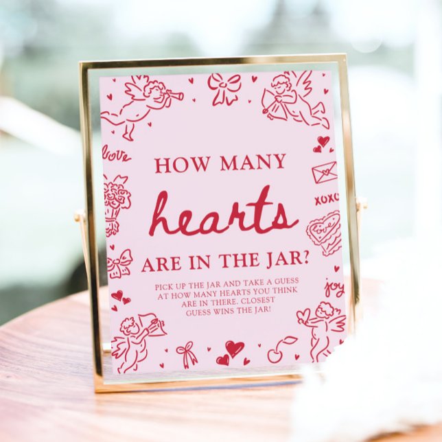 Affiche Pink Valentine Guess How Many Hearts Baby Shower  (Pink Valentine Guess How Many Hearts Baby Shower Game Sign)