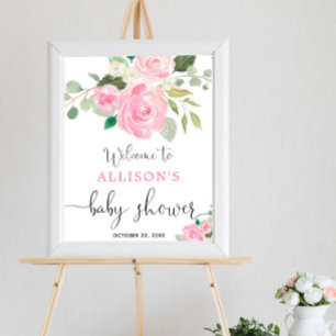 Affiche Pink vert floral fille baby shower signe de bienve