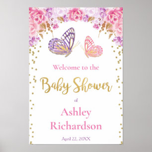 Affiche Pink violet or baby shower papillon bienvenue