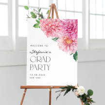 Pink Watercolor Dahlia Graduation Party Bienvenue
