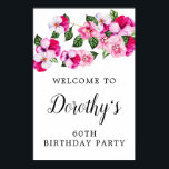 Affiche Pink White Floral 60th Birthday Welcome<br><div class="desc">Beautiful pink floral watercolor welcome sign features a spray of pink and white pansies across the top. The birthday celebrant's name is written in a very pretty and feminine script. Two lines above and below let you customize your welcome message.</div>
