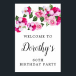 Affiche Pink White Floral 60th Birthday Welcome<br><div class="desc">Beautiful pink floral watercolor welcome sign features a spray of pink and white pansies across the top. The birthday celebrant's name is written in a very pretty and feminine script. Two lines above and below let you customize your welcome message.</div>