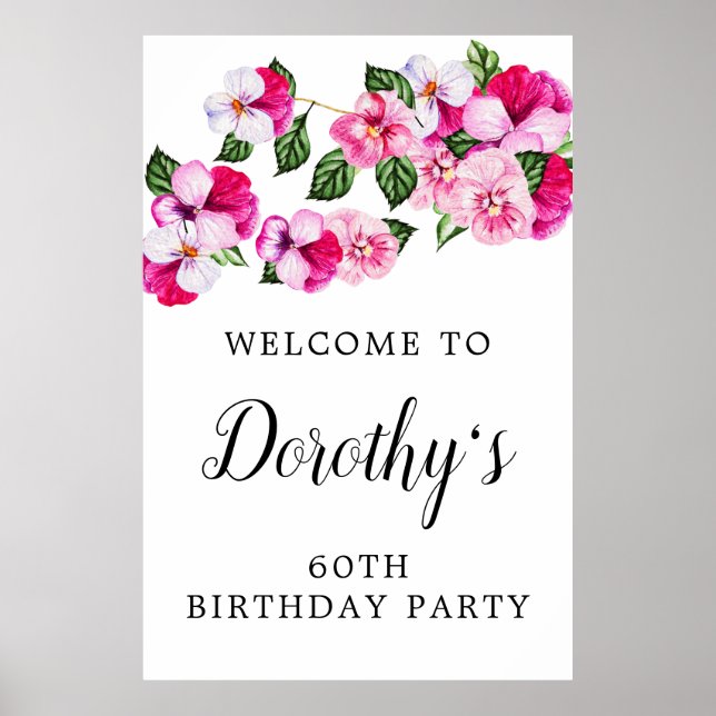 Affiche Pink White Floral 60th Birthday Welcome (Devant)