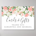 Affiche Pink White Floral Wedding Cards and Gifts Sign<br><div class="desc">Rustic and elegant cards and gifts wedding sign template. It features a lush border along the top that features blush pink roses and white hydrangeas. These make it perfect for an spring or summer wedding. Soft blush pink roses add a romantic touch. Lots of greenery leaves and dangles give it...</div>