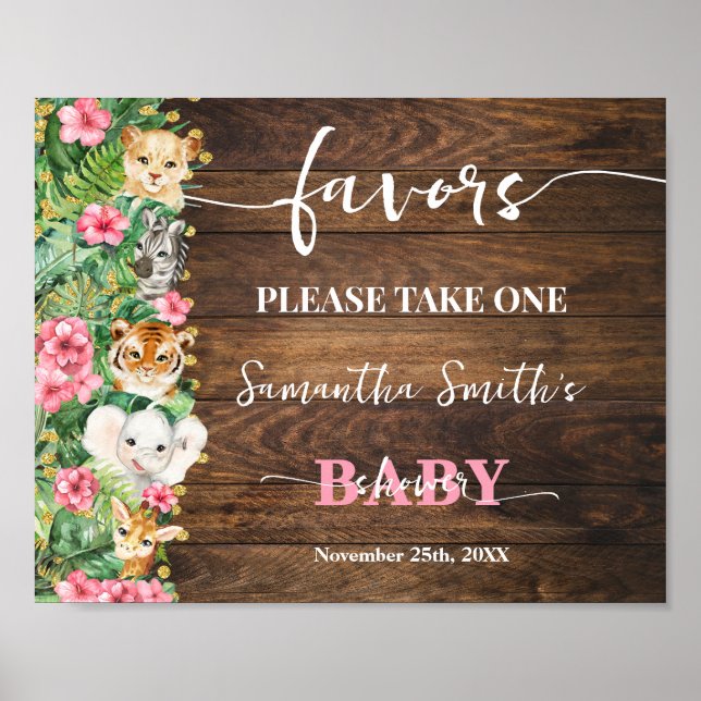 Affiche Pink Wild Rustic Safari Animals Favors Baby Shower (Devant)