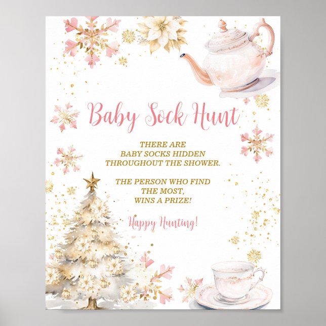 Affiche Pink Winter Tea Party Baby Shower Baby Sock Hunt (Devant)
