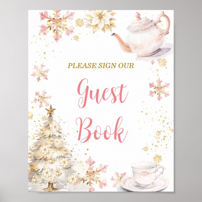 Affiche Pink Winter Tea Party Baby Shower Guest Book (Devant)