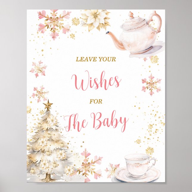 Affiche Pink Winter Tea Party Baby Shower Leave Your Wish (Devant)