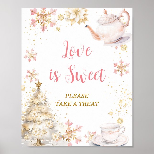Affiche Pink Winter Tea Party Baby Shower Love is Sweet (Devant)