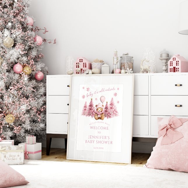 Affiche Pink Winter Teddy Ours Bébé Fille Douche Bienvenue (Créateur téléchargé)