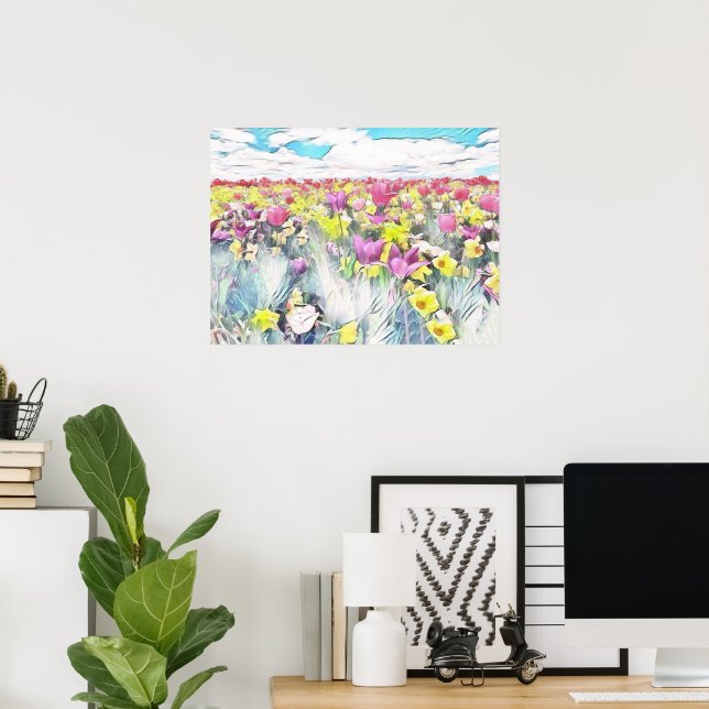Affiche Pink Yellow Field of Tulips Retro Drawing   (Bureau à domicile)