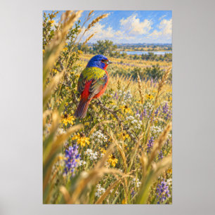 Affiche Pinson peint parmi les fleurs sauvages du sud du T