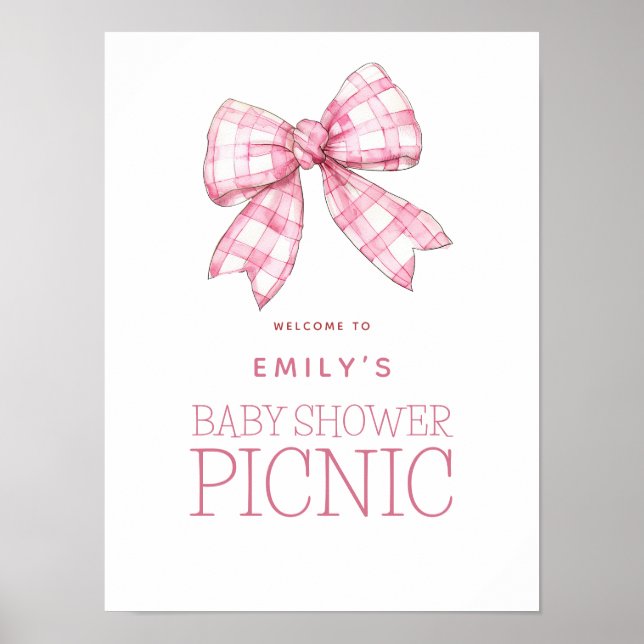 Affiche Pique-nique Pink En vichy Bow Bienvenue Baby showe (Devant)