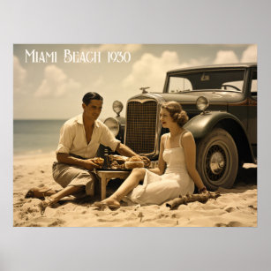 Affiche Pique-nique rétro des années 1930 sur la plage par