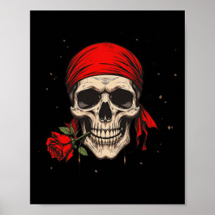 Affiche Pirate Crâne Et Crossbones Fleur Rouge À La Main P