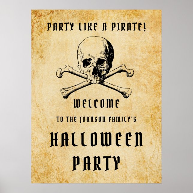 Affiche Pirate Crâne Et Os Bienvenue Halloween Party (Devant)