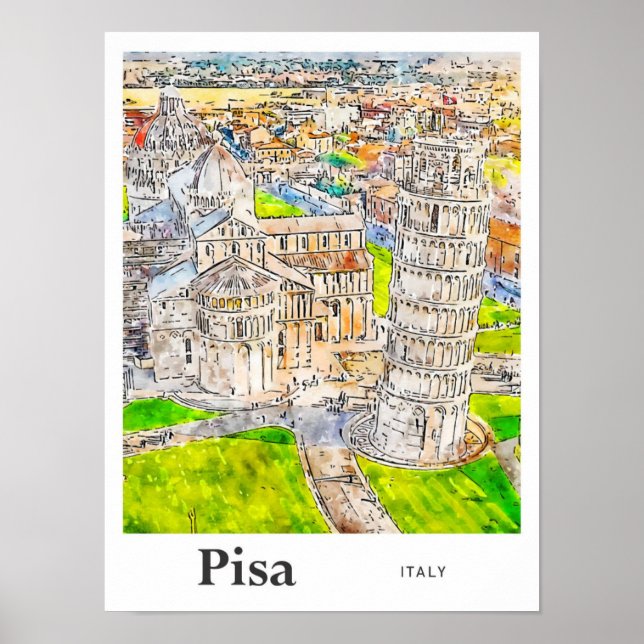 Affiche Pisa Italie Aquarelle Dessin main (Devant)