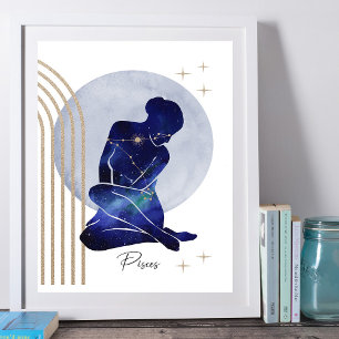 Affiche Pisces Feminine Blue Gold Zodiac Design