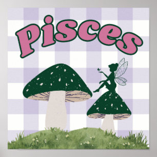 Affiche Pisces Zodiac Cottagecore Champignons de fées